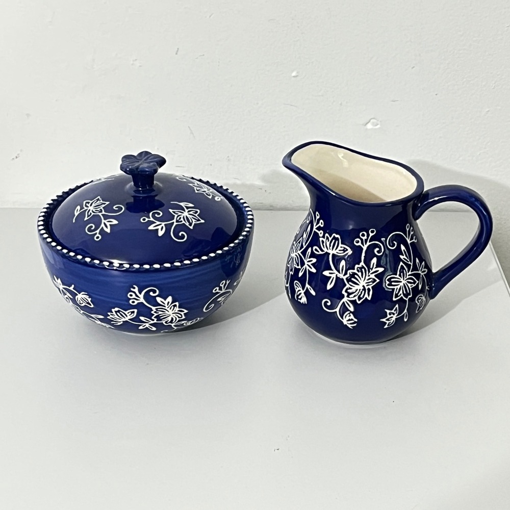 Vintage  Sugar and Creamer Set Cobalt‎ Blue Floral Ceramic Tea Set